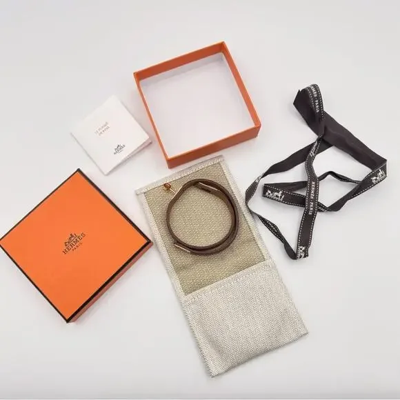 Hermes Mini Kelly Double Tour Brown Calfskin Leather Rose Gold Plated Bracelet - Picture 5 of 11